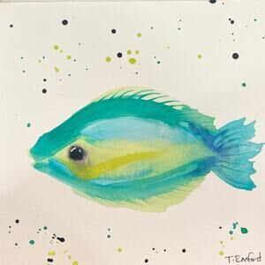 Hand painted watercolor original painting fish blue green 6x6”
